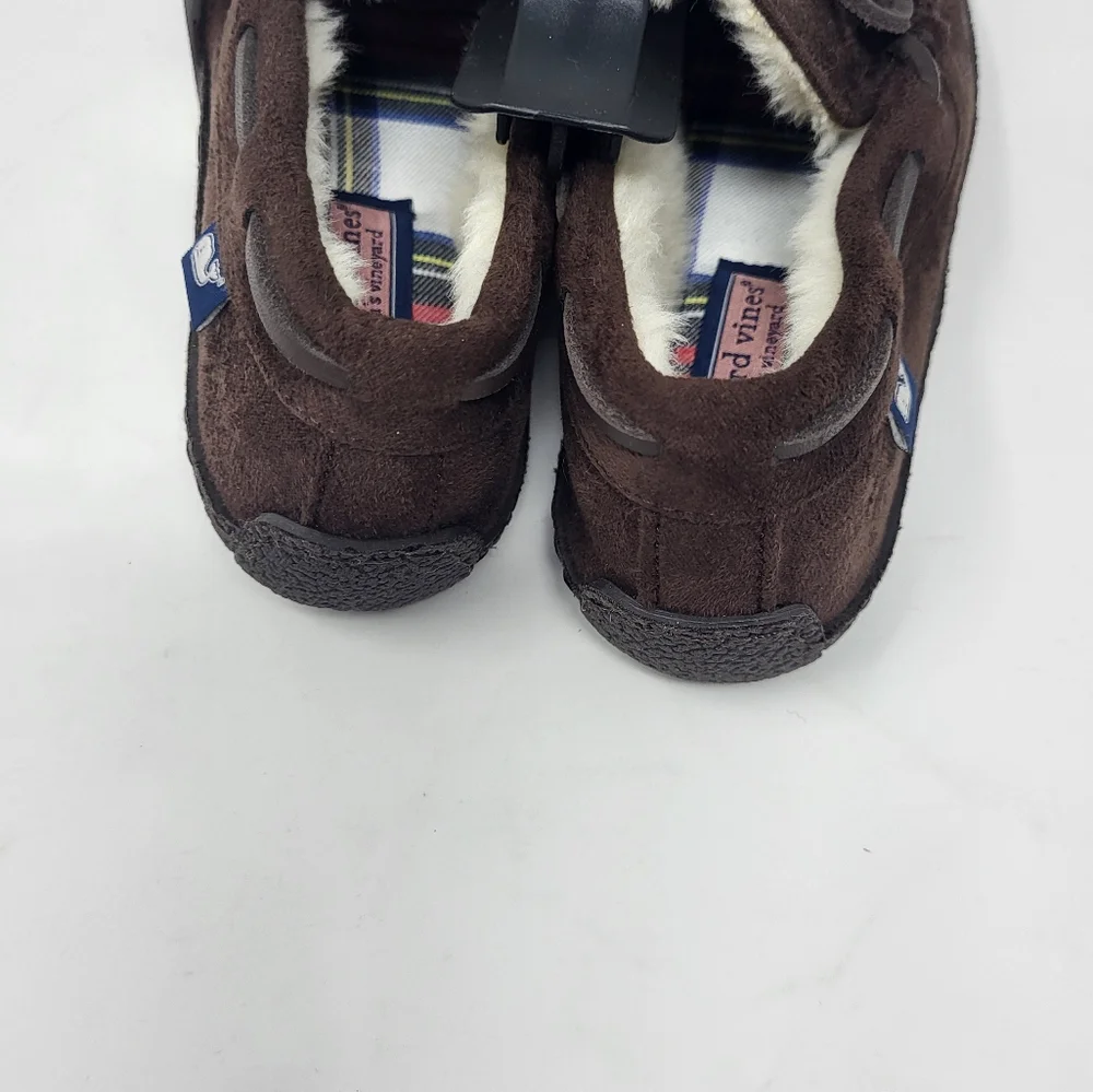 Vineyard Vines Boys Size 4 Peak Plaid Moccasin Slippers Brown‎ Suede Lined
